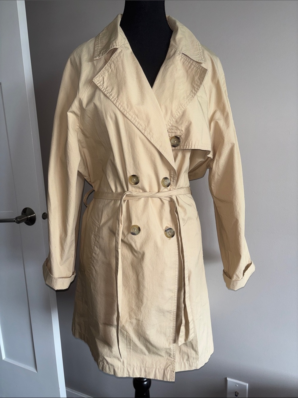 Women's Cream Double-Breasted Trench Coat with Tie Belt medium